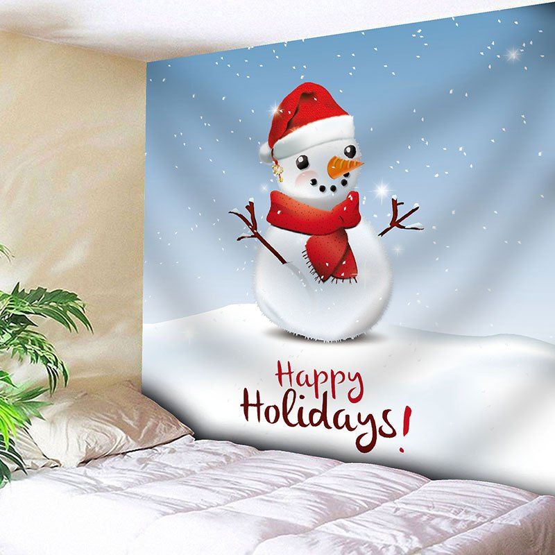 

Happy Holiday Christmas Snowman Print Wall Decor Tapestry, Light blue