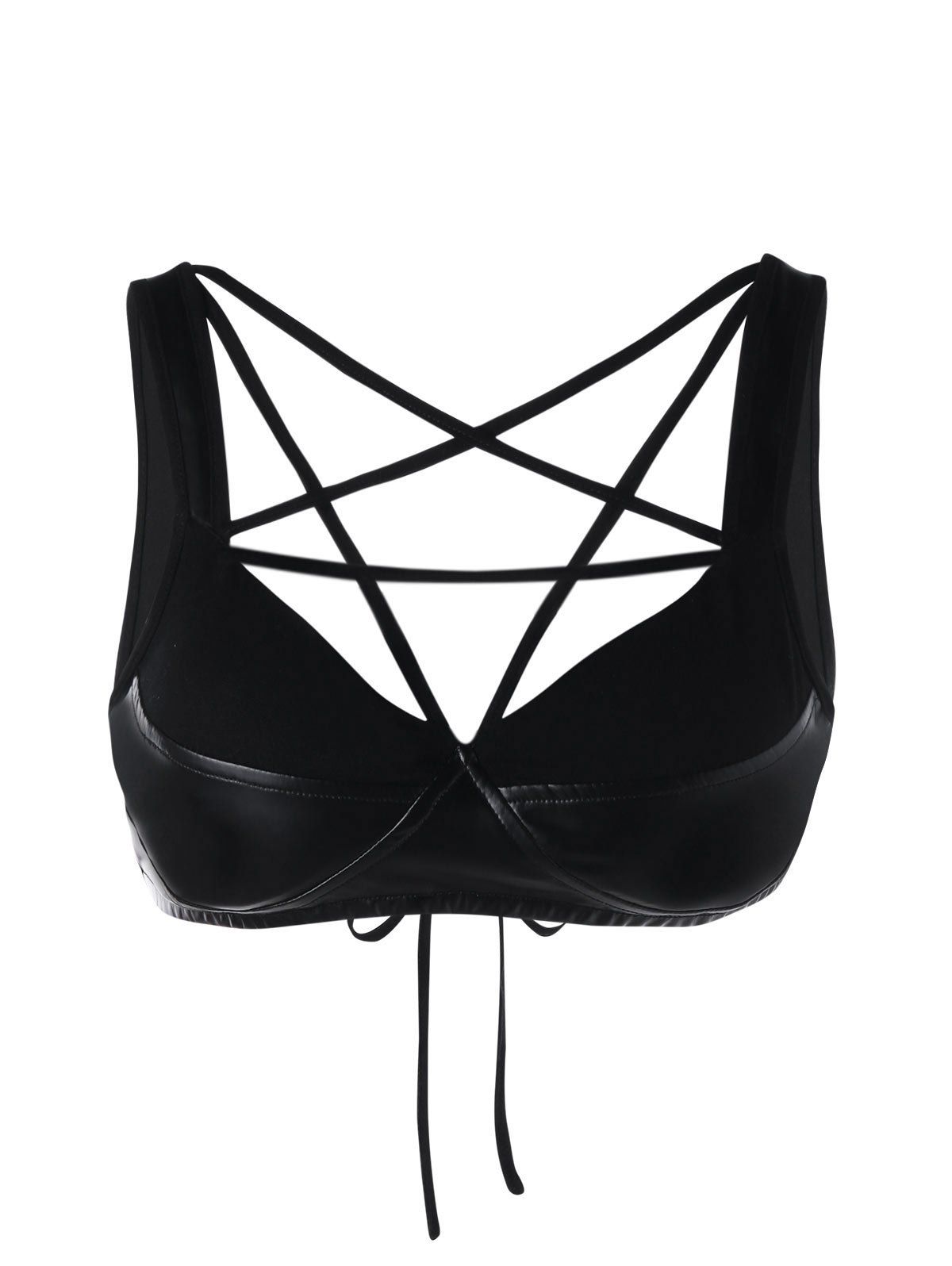 

PU Leather Panel Strappy Camisole Bra, Black