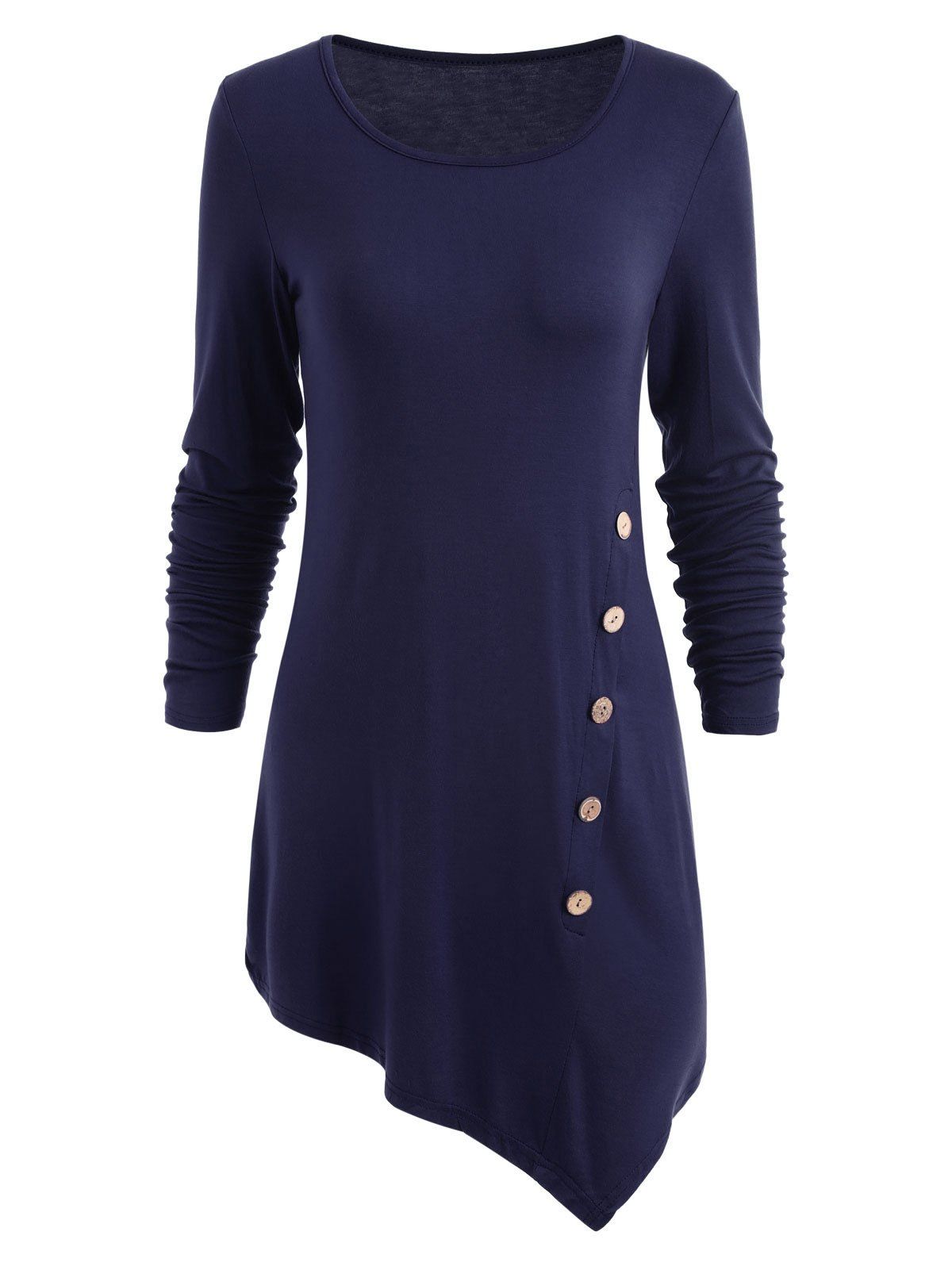 

Skew Button Embellished Long Asymmetric Blouse, Blue