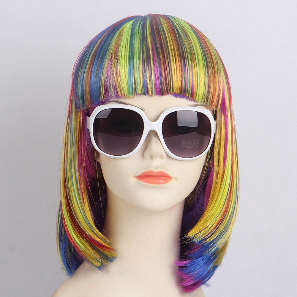 

Short Full Bang Straight Bob Synthetic Lolita Wig, Blue+yellow+red