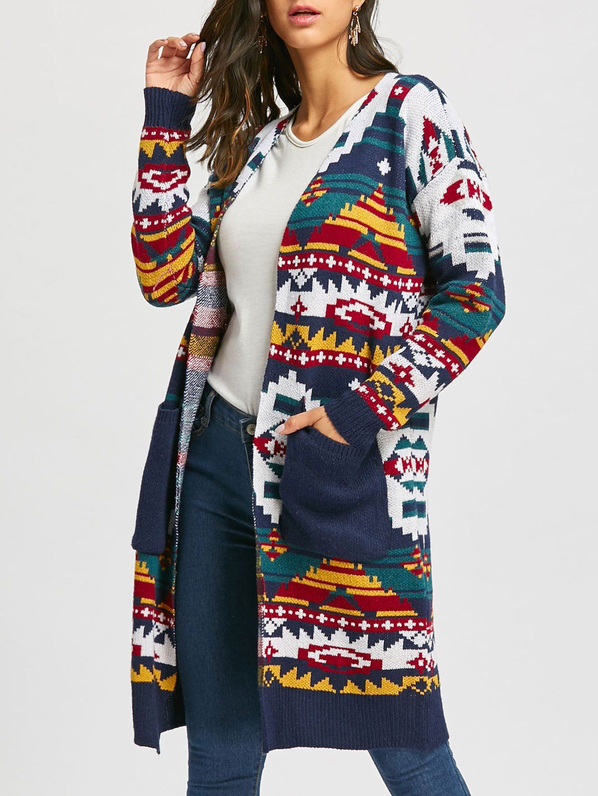 

Christmas Long Geometric Sweater Cardigan, Deep blue