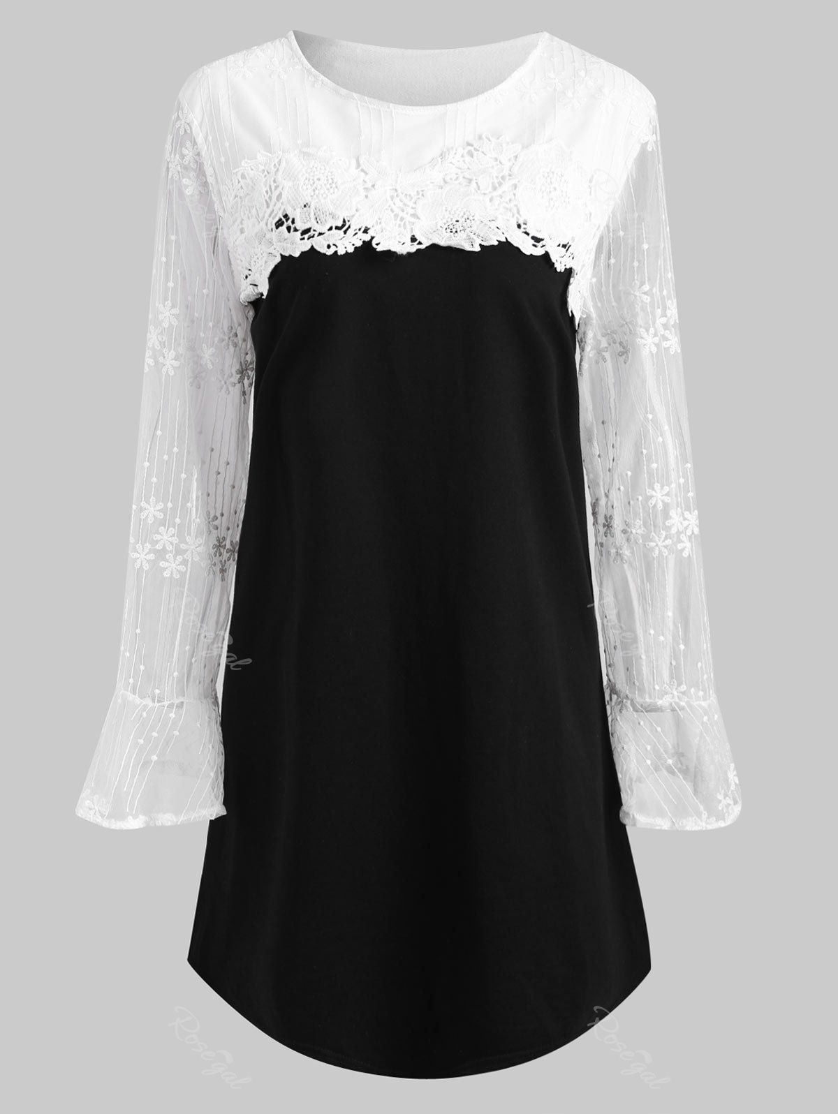 

Plus Size Applique Embellished Mesh Panel Cute Tunic Dress, Black
