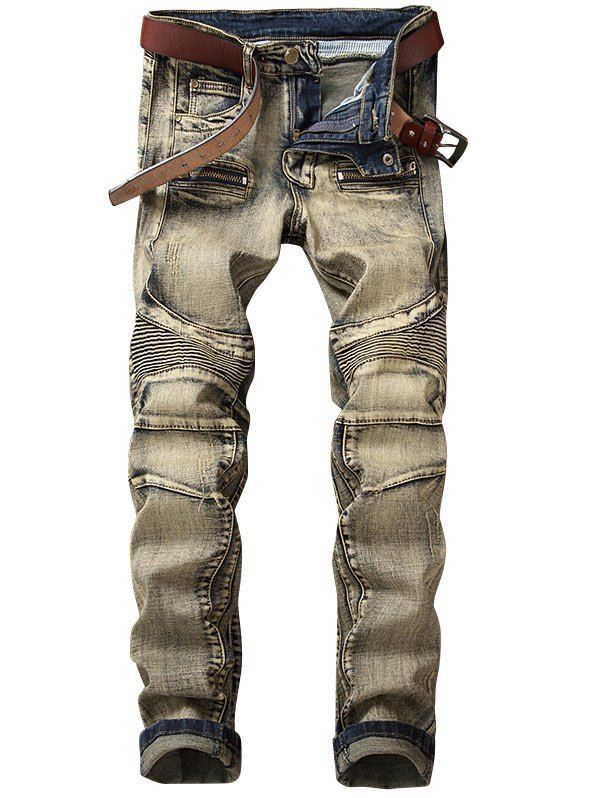 

Zip Fly Straight Leg Vintage Biker Jeans, Light yellow