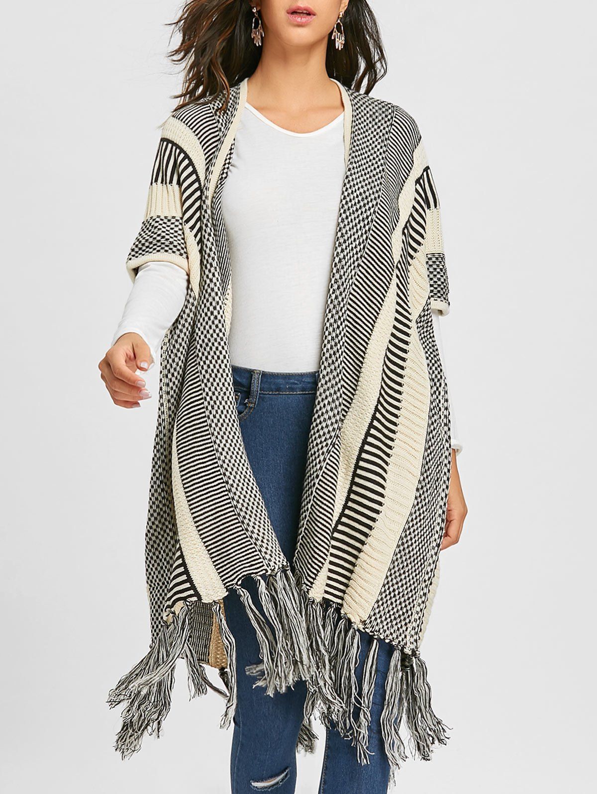 Striped Fringe Poncho Cardigan Striped Fringe Poncho Cardigan