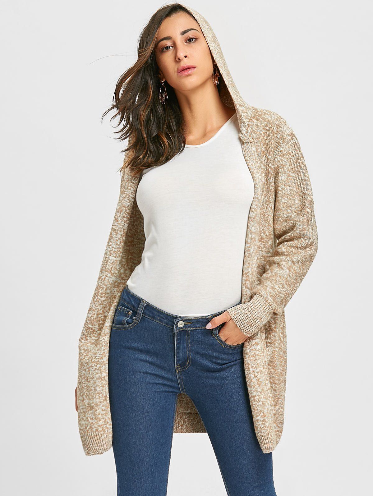

Heathered Front Pocket Knit Hooded Cardigan, Khaki