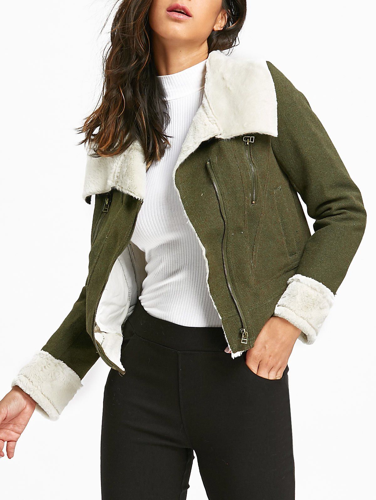 [52% OFF] Tweed Shearling Inclined Zipper Jacket | Rosegal