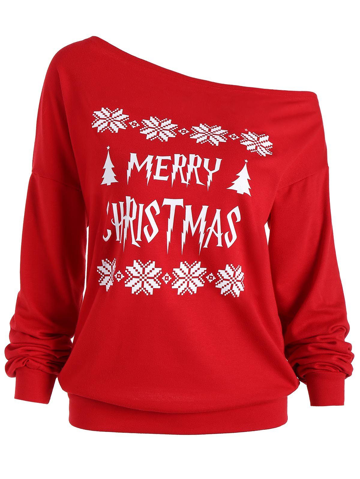 

Merry Christmas Print Skew Neck Sweatshirt, Red