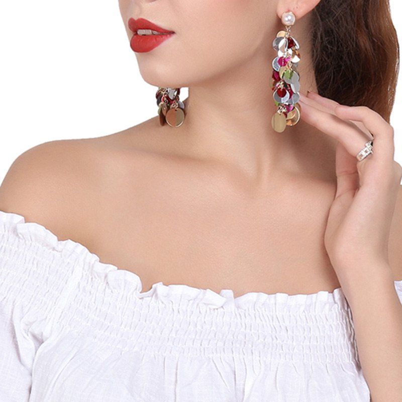 

Faux Pearl Linked Paillette Stud Drop Earrings, Colorful