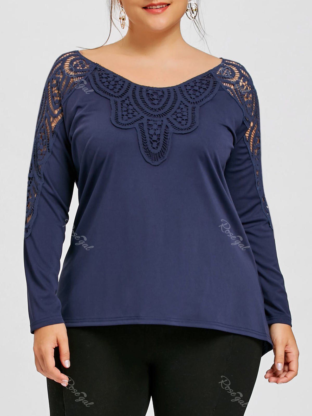 

Plus Size Lace Panel Cutwork Top, Cerulean