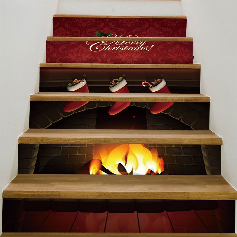 

Christmas Burning Fireplace Patterned Stair Stickers, Deep red