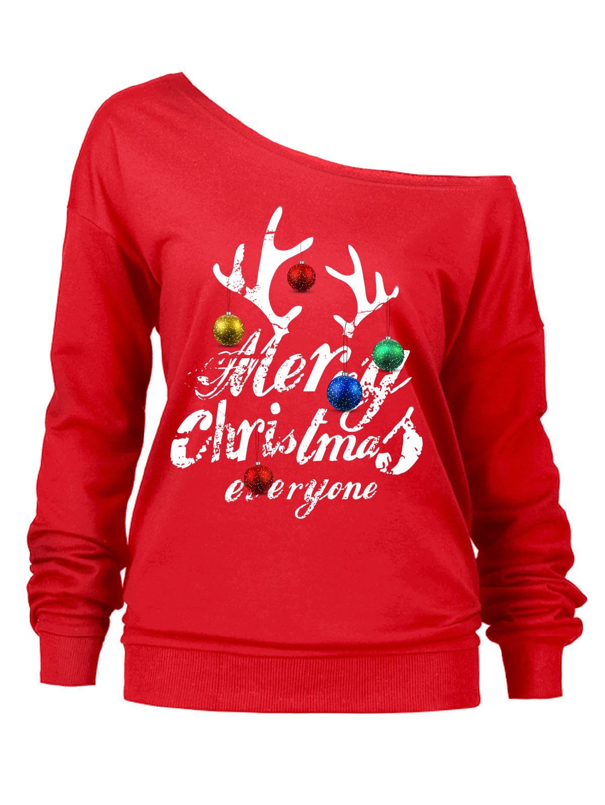 

Christmas Letters Bells Print Skew Neck Sweatshirt, Red