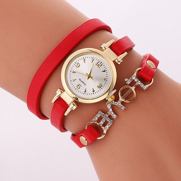 

Rhinestone Love Wrap Bracelet Watch, Red