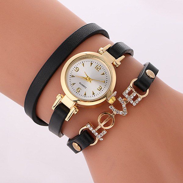 

Rhinestone Love Wrap Bracelet Watch, Black