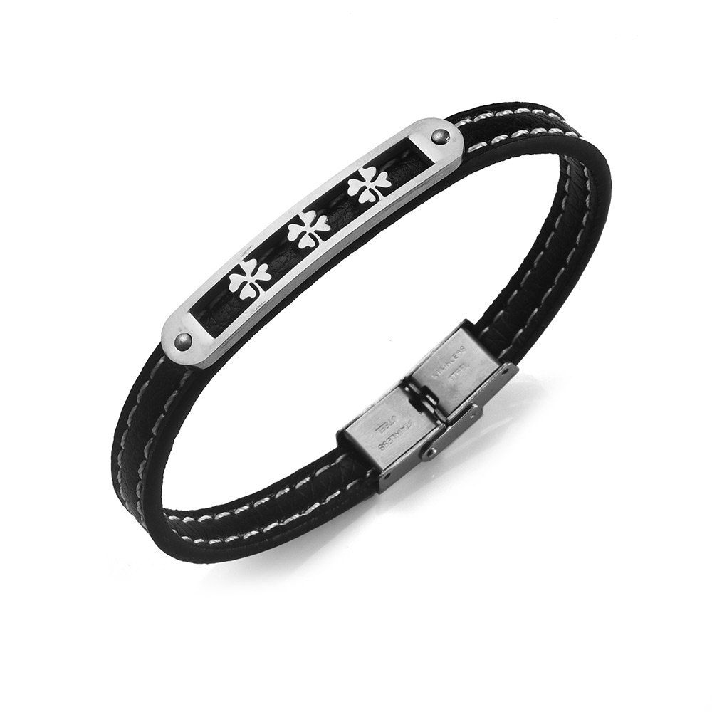 

Stainless Steel PU Leather Clover Bracelet, Silver