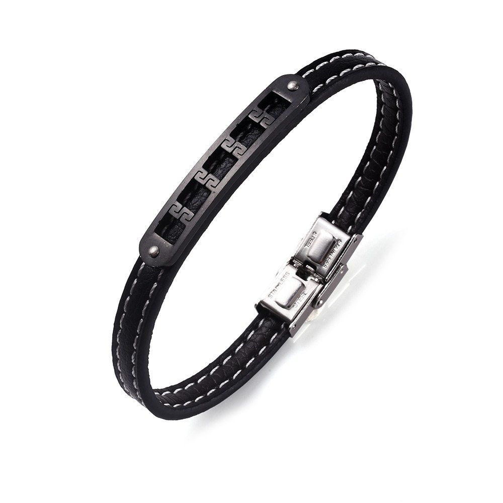 

Stainless Steel PU Leather Engraved Fret Bracelet, Black