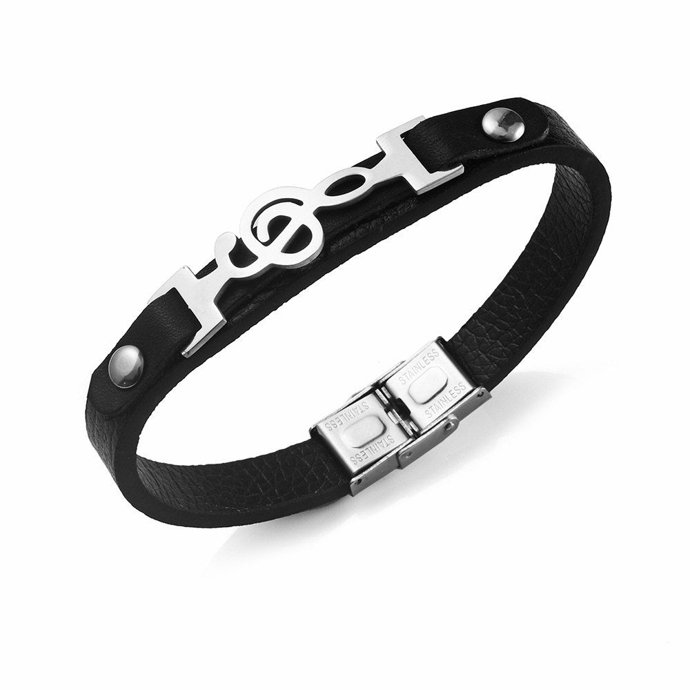 

Stainless Steel PU Leather Music Note Bracelet, Silver