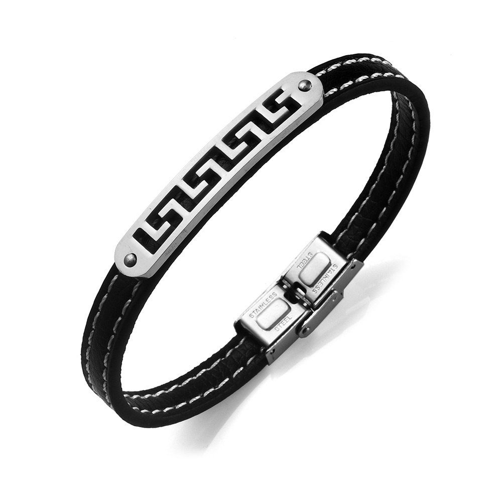 

Stainless Steel PU Leather Fret Bracelet, Silver
