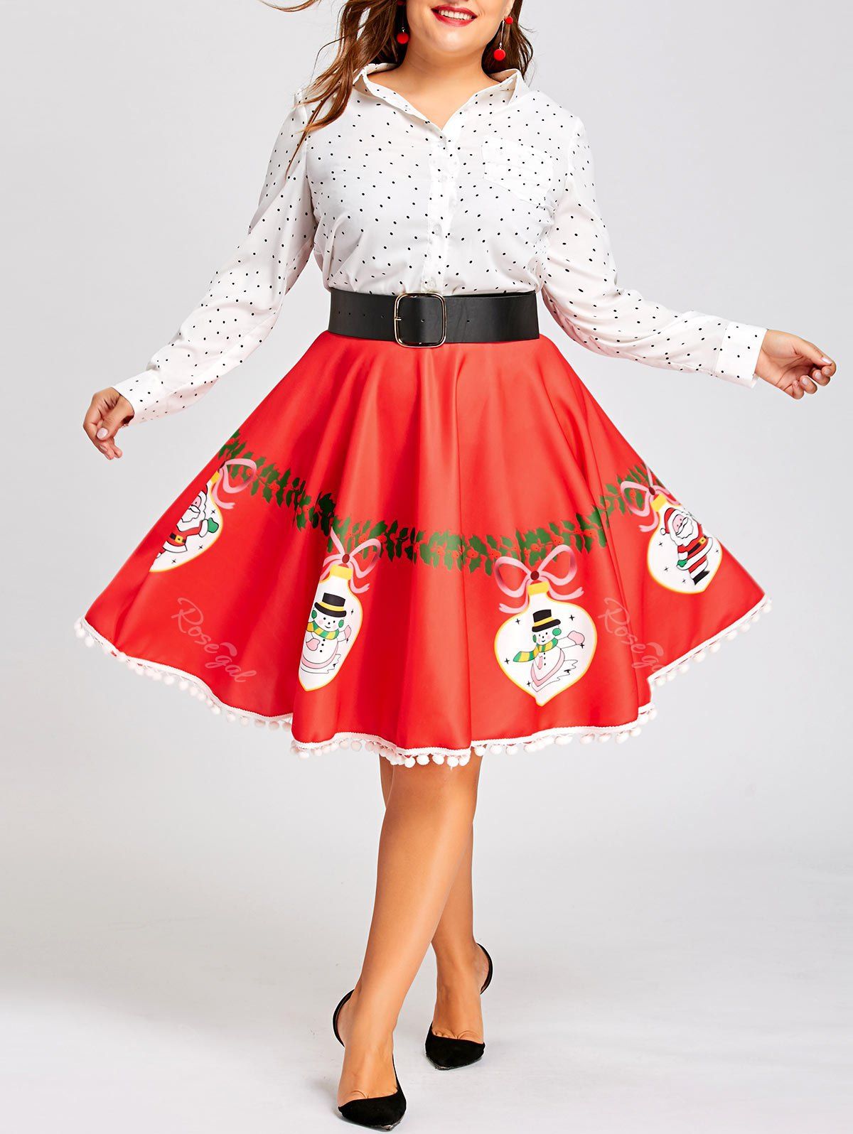 

Plus Size Christmas Print Pom Pom Trimmed Flare Skirt, Red