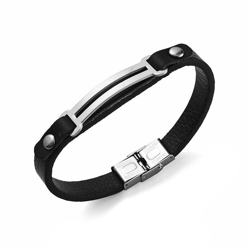 

Simple Stainless Steel PU Leather Bracelet, Silver