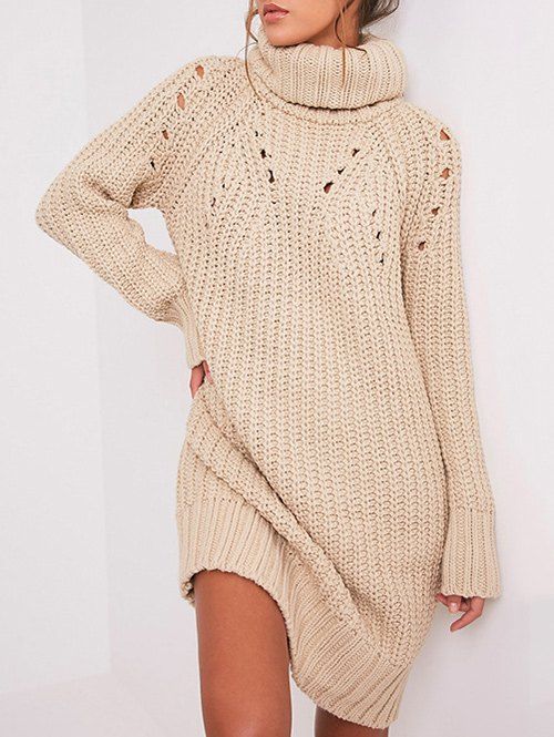 

Ripped Turtle Neck Sweater Dress, Champagne