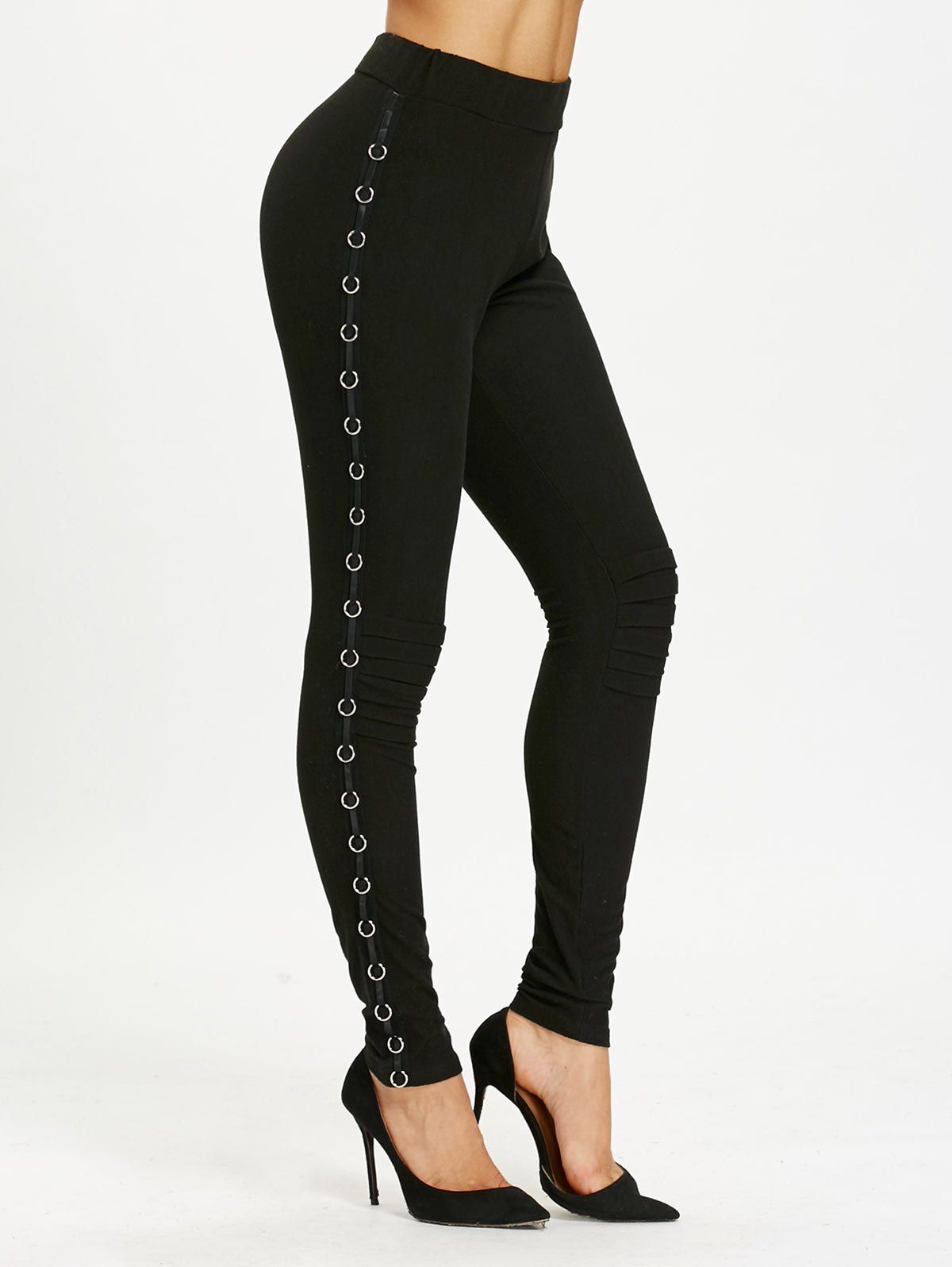 

Metal Hoop Embellished Elastic Waist Pencil Pants, Black