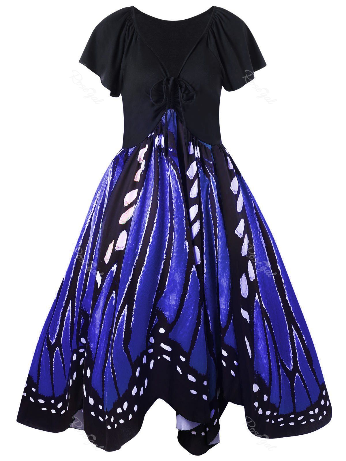 

Plus Size Low Cut Butterfly Print Swing Dress, Blue