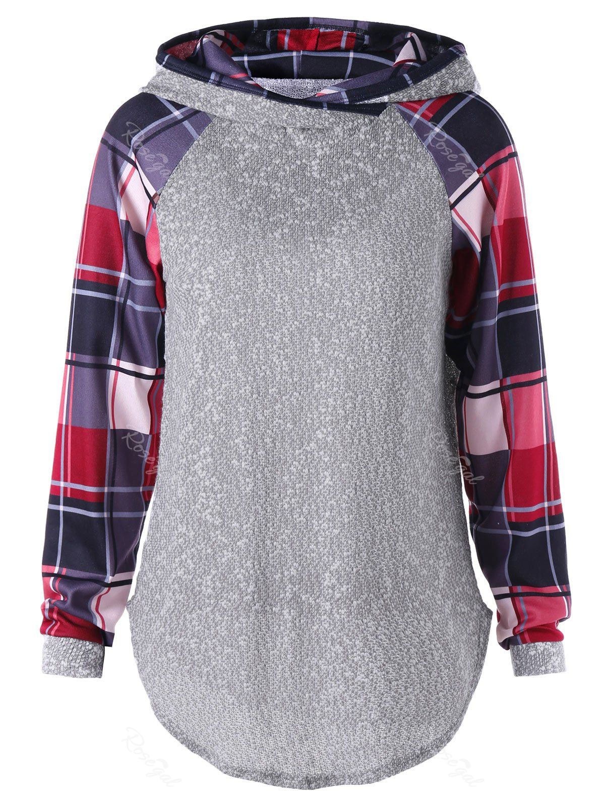 

Plaid Plus Size Raglan Sleeve Hoodie, Gray