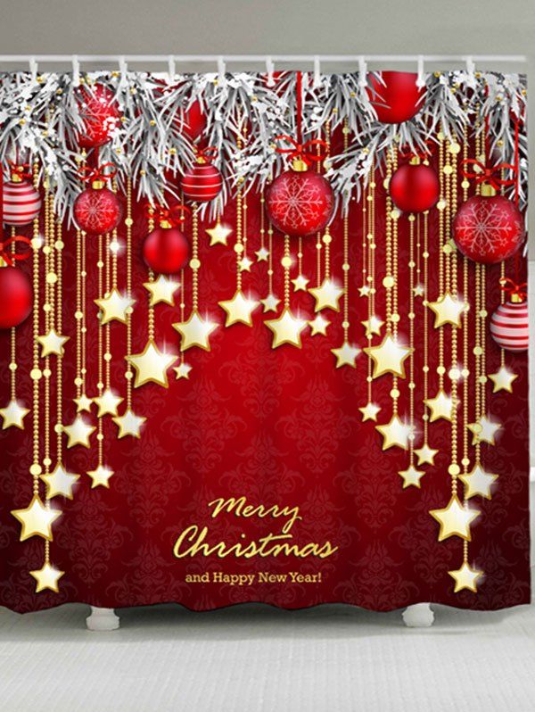 

Christmas Star Ball Pattern Waterproof Polyester Bath Curtain, Dark red