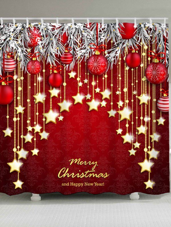 

Christmas Star Ball Pattern Waterproof Polyester Bath Curtain, Dark red