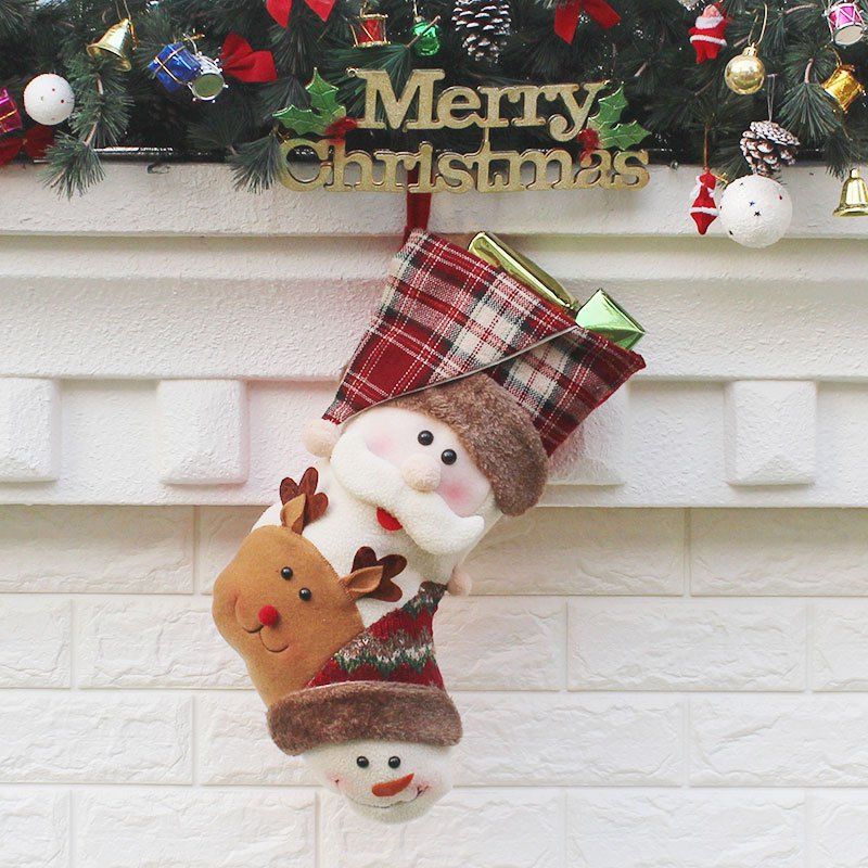 

Santa Claus Elk Snowman Patterned Christmas Candy Sock, White and brown