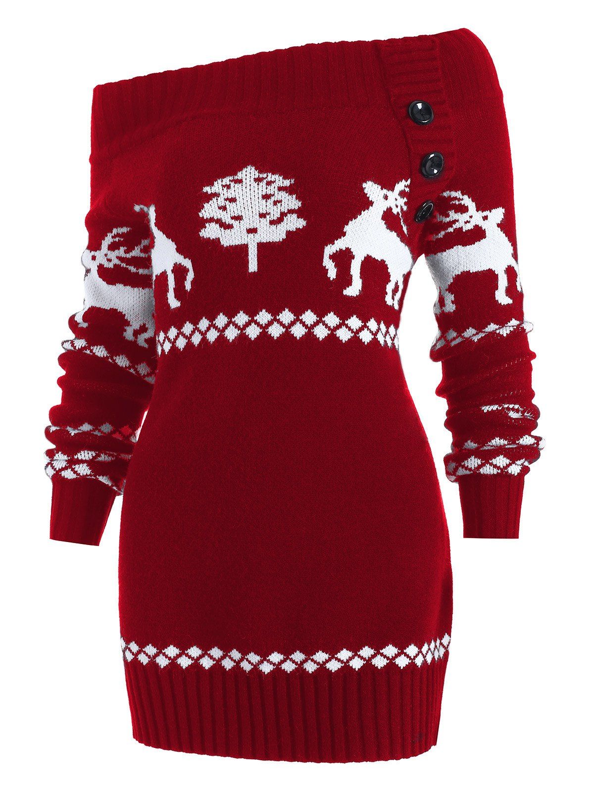 

Reindeer Off The Shoulder Knit Tunic Sweater, Red