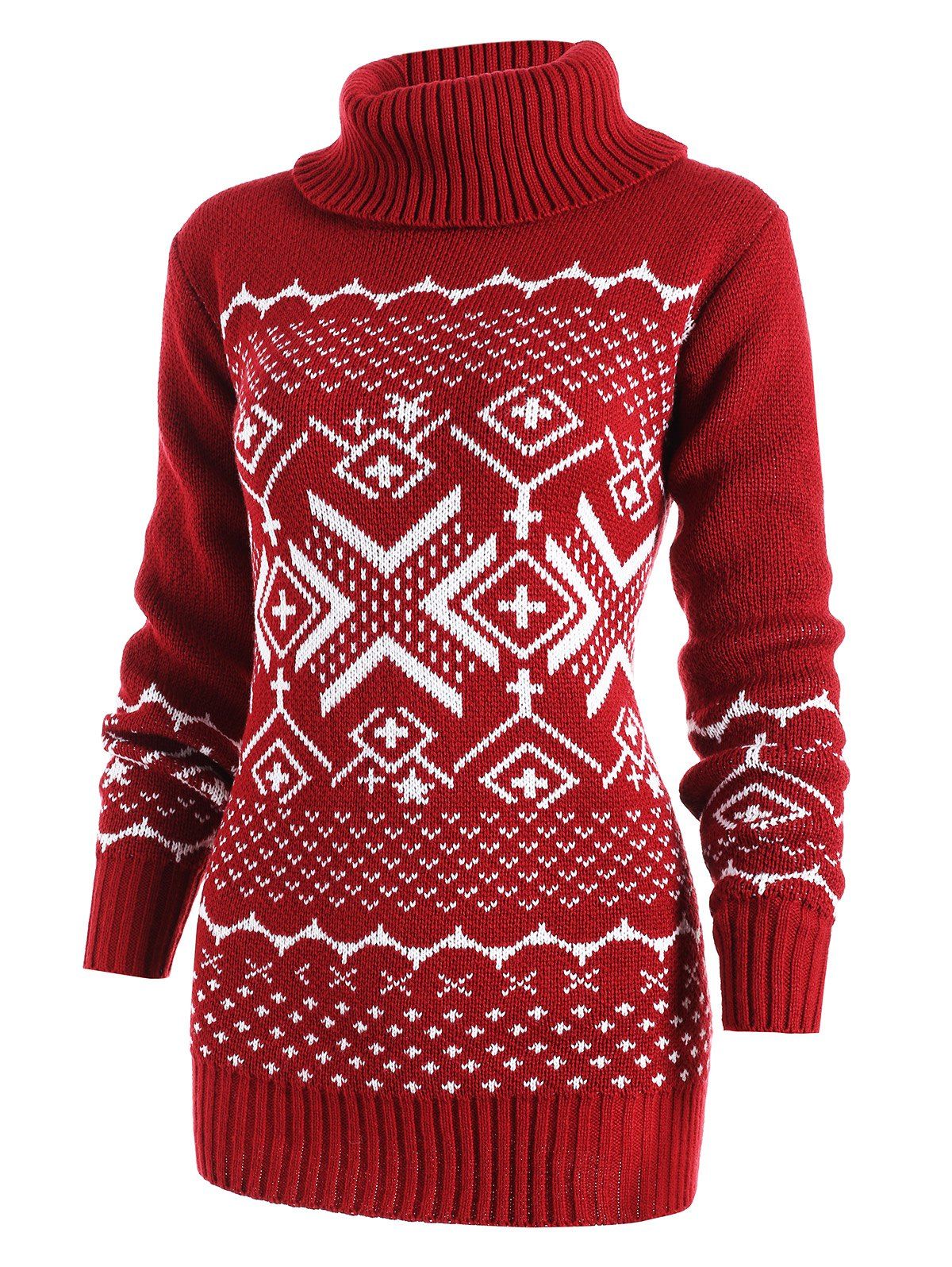 

Geometric Pattern Turtleneck Tunic Sweater, Red