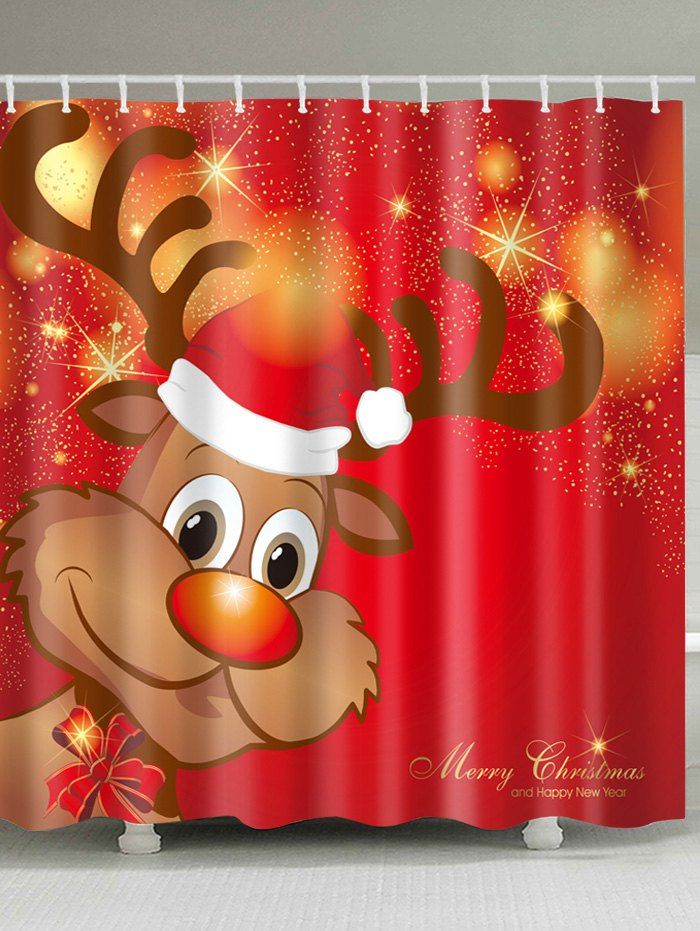 

Christmas Cartoon Deer Print Waterproof Fabric Bathroom Shower Curtain, Colormix