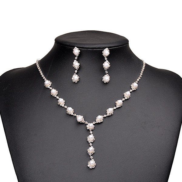 

Artificial Pearl Beaded Necklace Earrings Jewelry Set, Silver