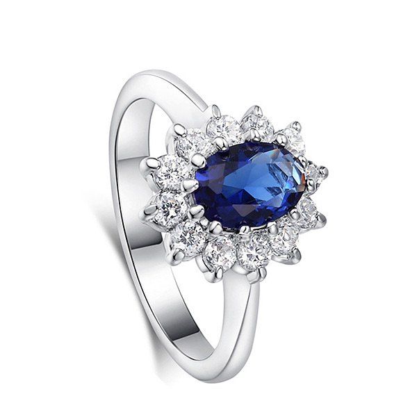 

Vintage Crystal Embellished Faux Sapphire Steel Circle Ring, Blue