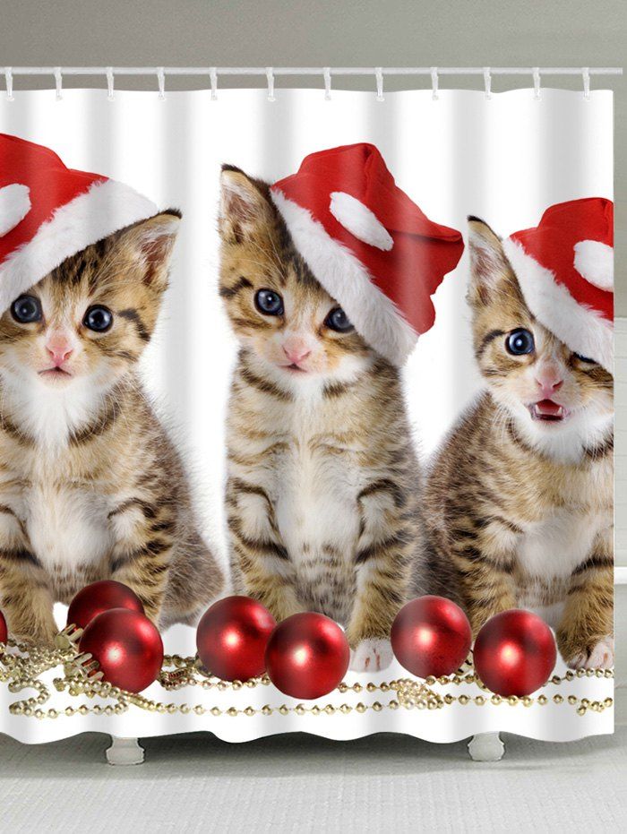 Christmas Cats Baubles Print Waterproof Fabric Shower Curtain, Colormix