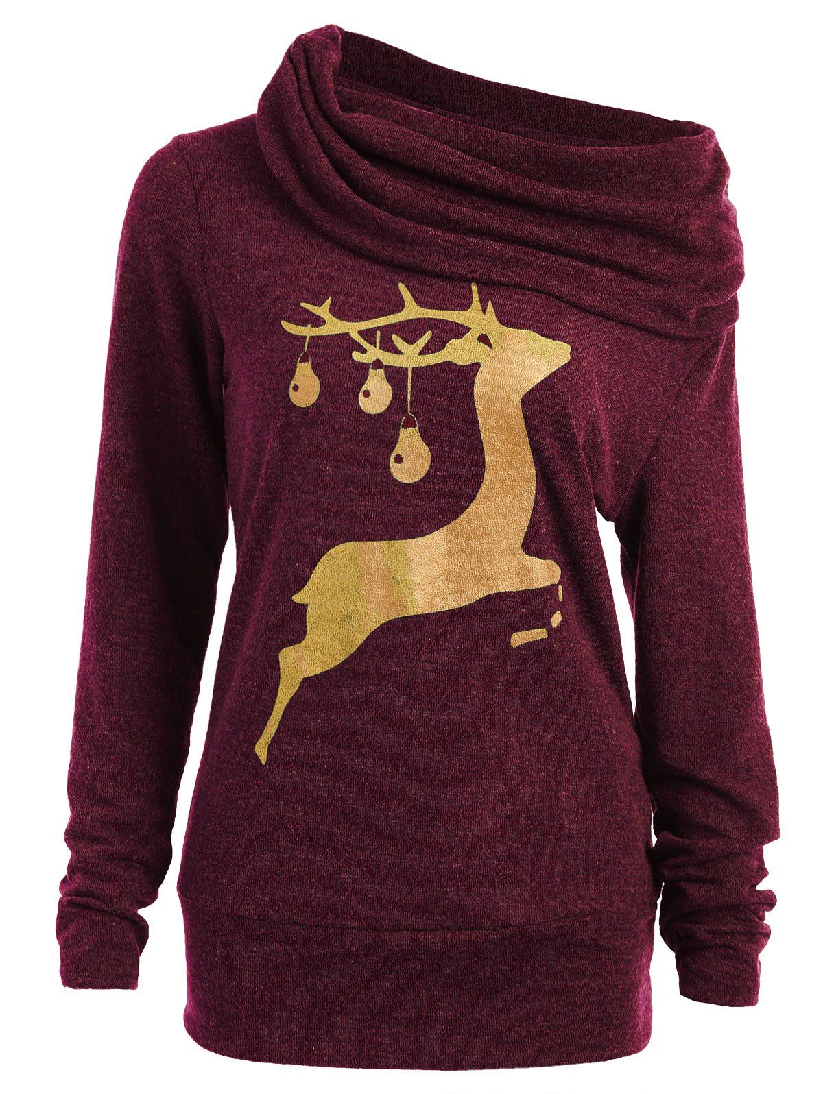 

Elk Deer Print Cowl Neck Sweatshirt, Wine red