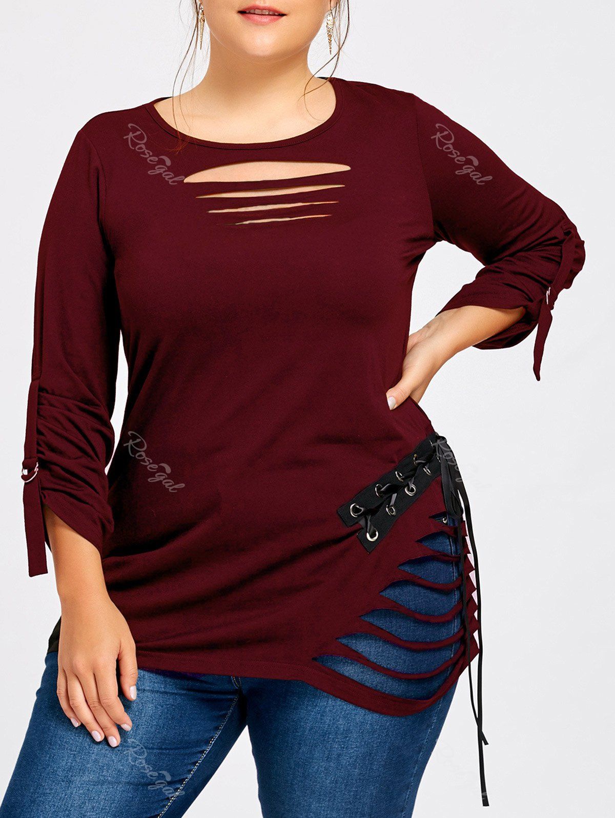 

Plus Size Ripped Lace Up Top, Wine red