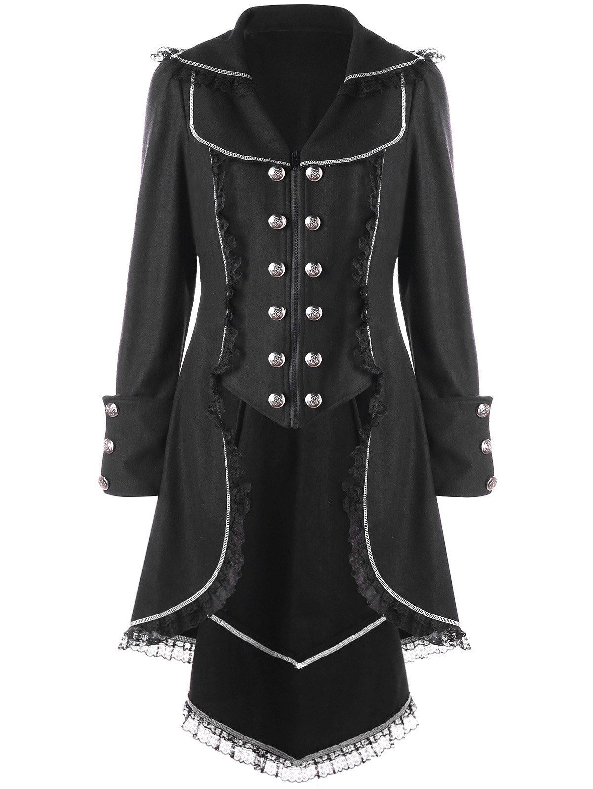 

Double Breasted Lace Trim Tail Coat, Black