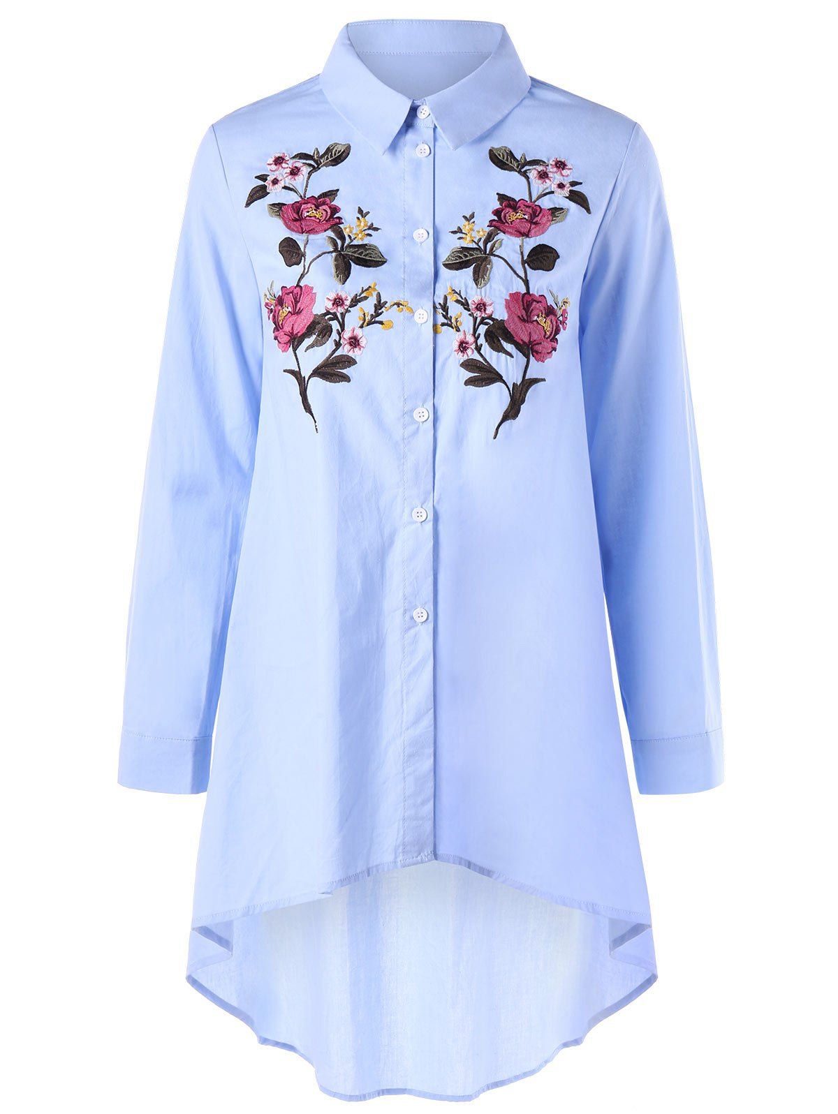 

Flower Embroidery Long Sleeve High Low Shirt, Light blue