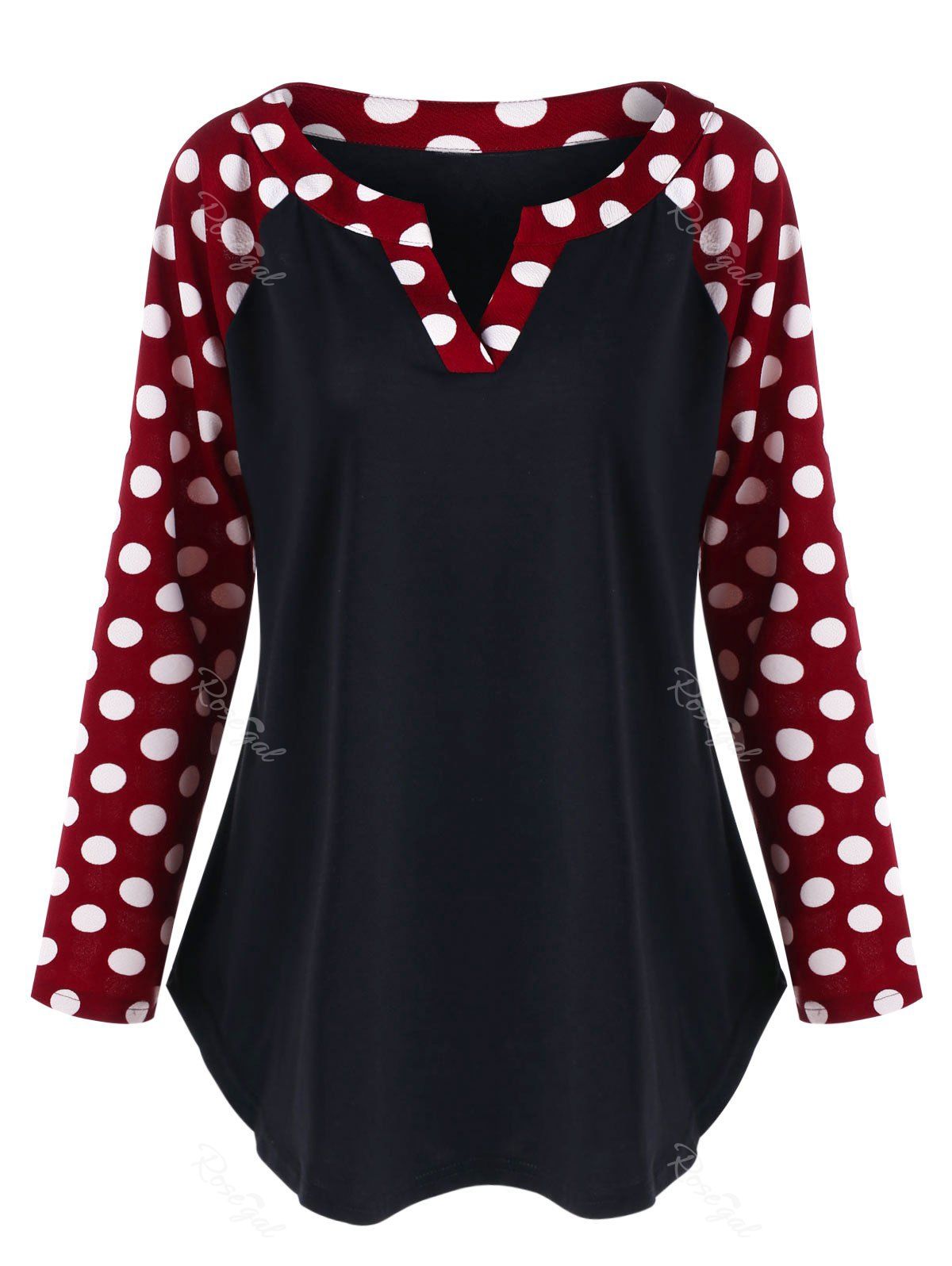 

Plus Size Polka Dot Raglan Sleeve Tunic Top, Red with black