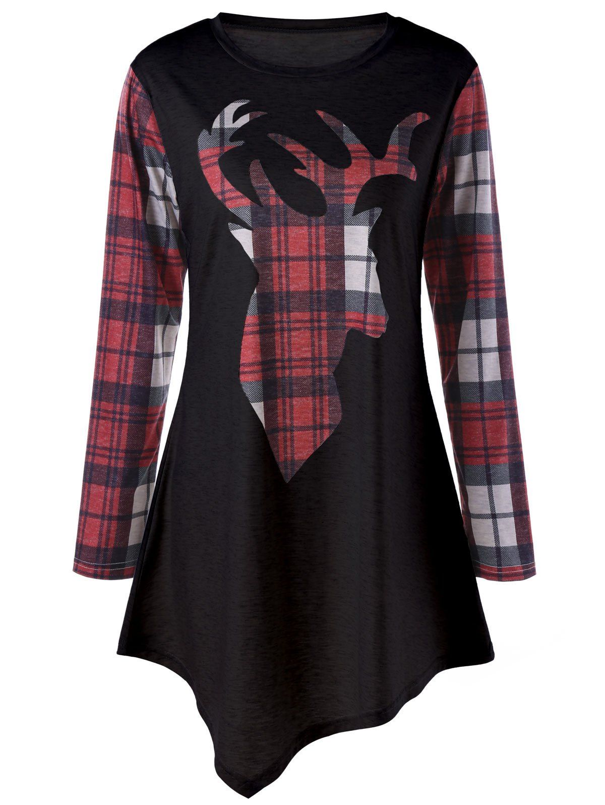 

Plaid Reindeer Asymmetrical T-shirt, Red