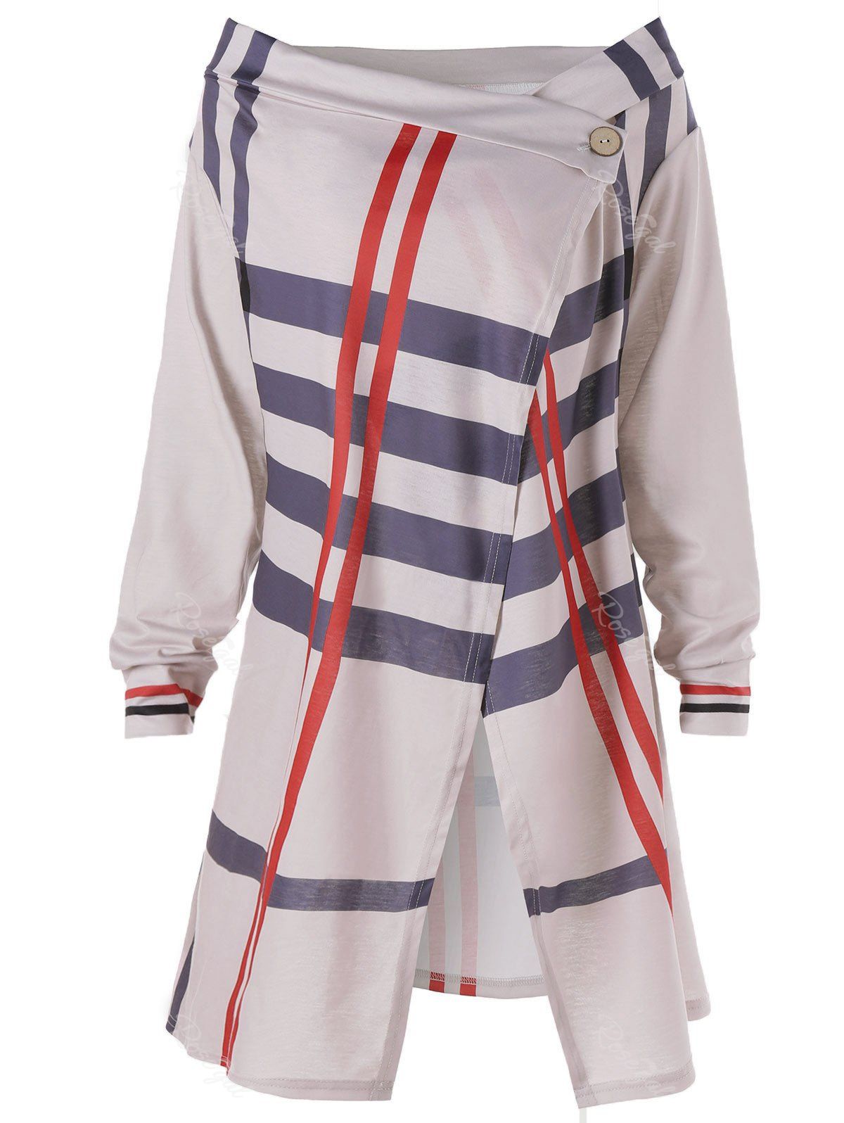 

Plus Size Long Sleeve Slit Stripes Coat, Apricot