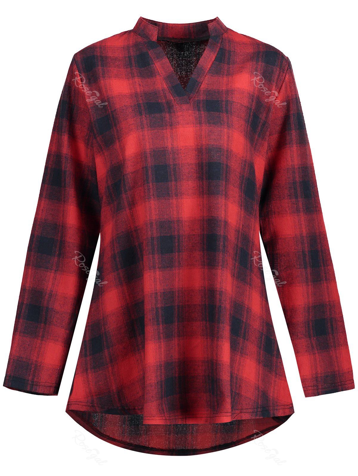 

High Low Plaid Plus Size Shirt, Red