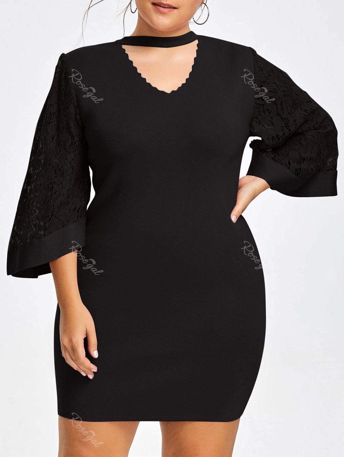 

Plus Size Lace Sleeve Knit Cutout Choker Dress, Black