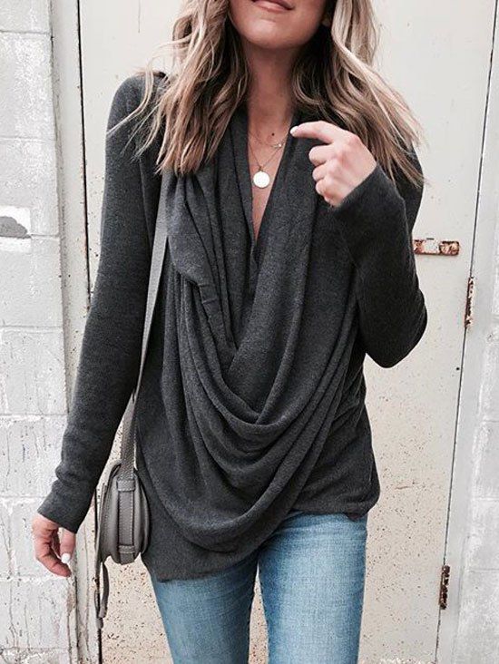 

Long Drape Wrap Blouse, Heather black