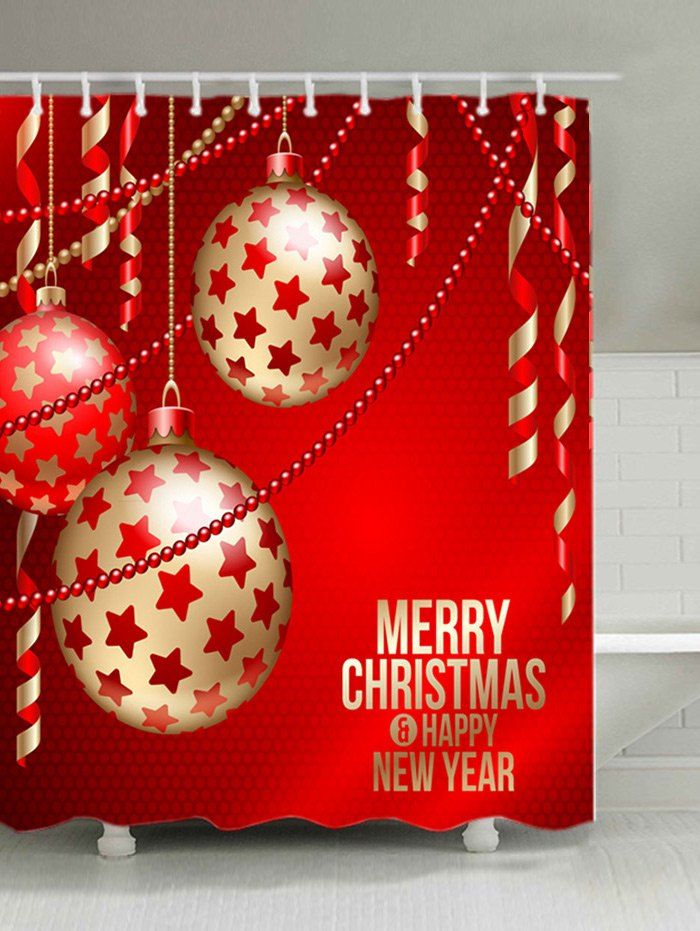 

Christmas Baubles Ribbon Print Waterproof Bathroom Shower Curtain, Red
