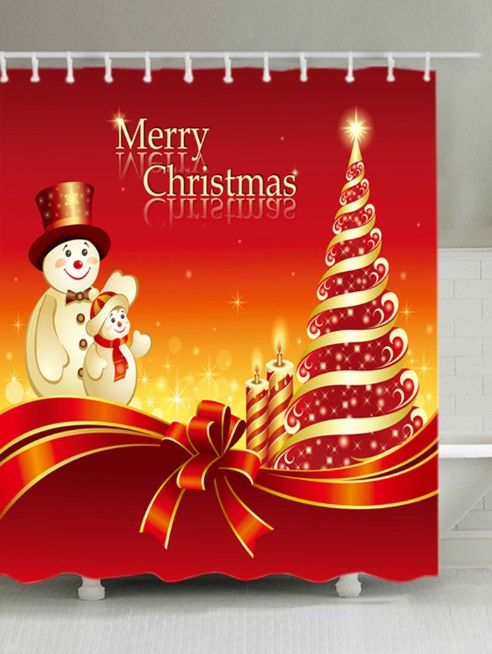

Christmas Tree Snowmen Print Waterproof Bathroom Shower Curtain, Red