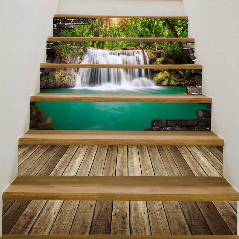 

6Pcs Forest Waterfall Printed Stair Stickers, Green