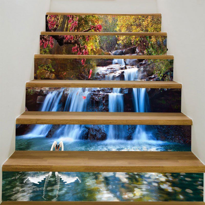 

6Pcs Forest Cascade Swans Printed Stair Stickers, Colorful